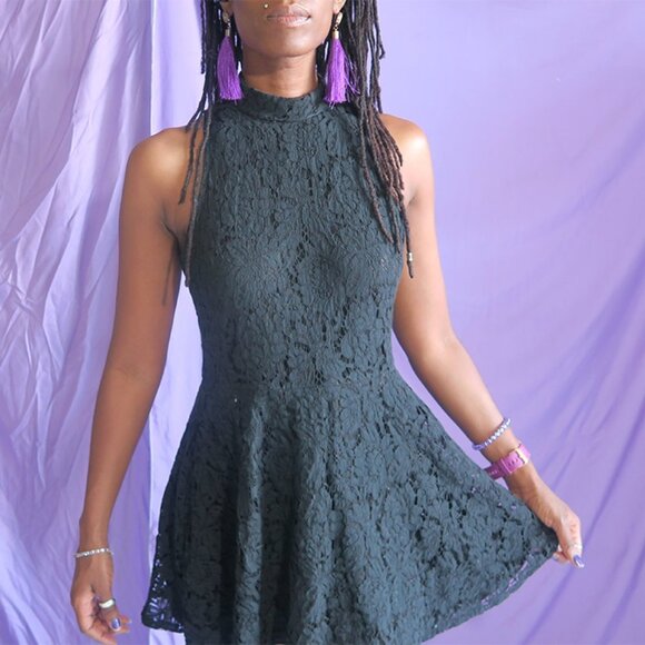 Bear Dance lace short dress high neck in black size large. Style D453 - Picture 2 of 4